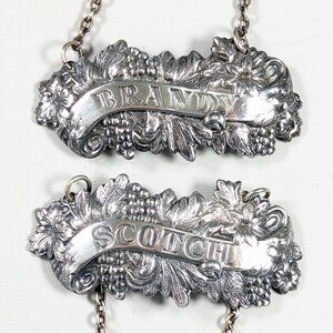 Vintage Scotch + Brandy Decanter labels: Liquor Bottle tags England Silverplated